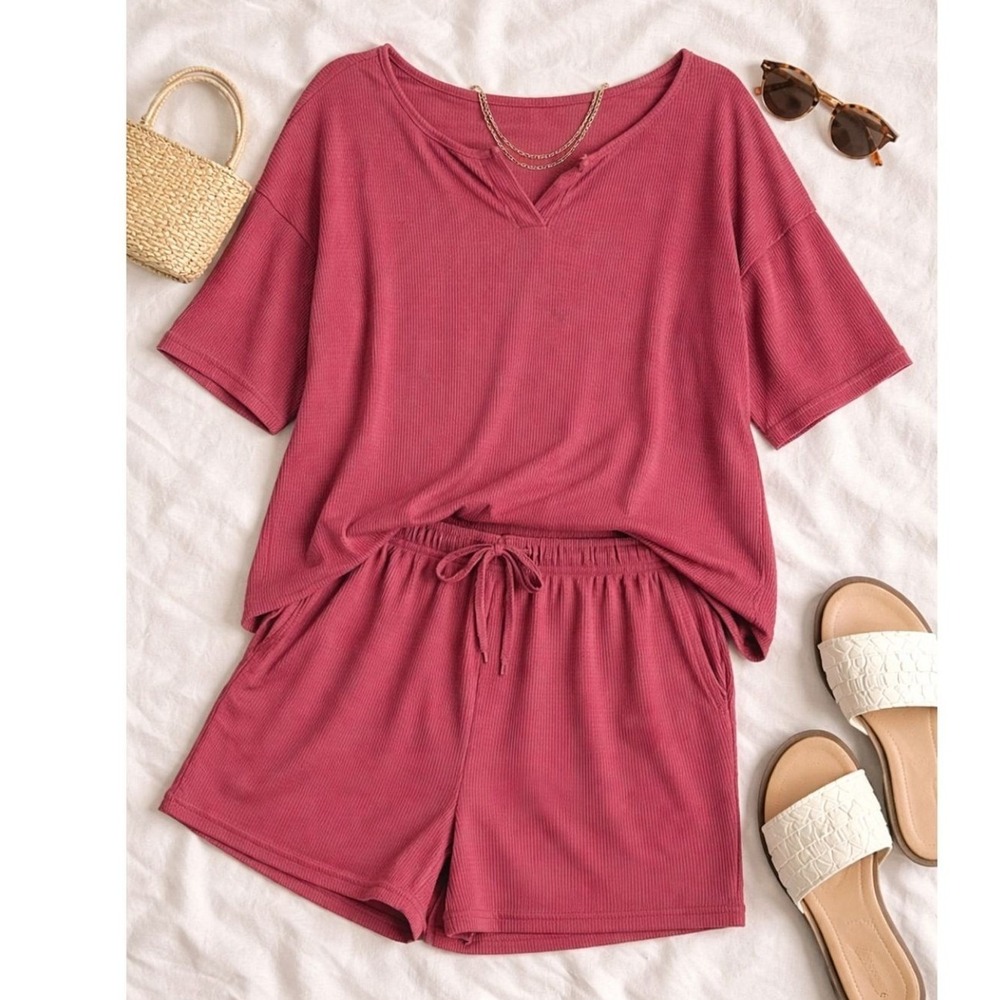Dusty Rose Ribbed Lounge Set 2XL Cozy Casual Set Soft Girl Aesthetic Casual Chic